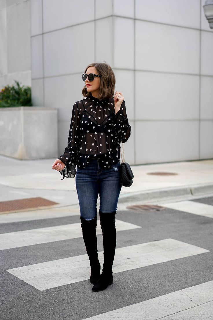 winter date night outfit idea, topshop sheer polka dot blouse, over the