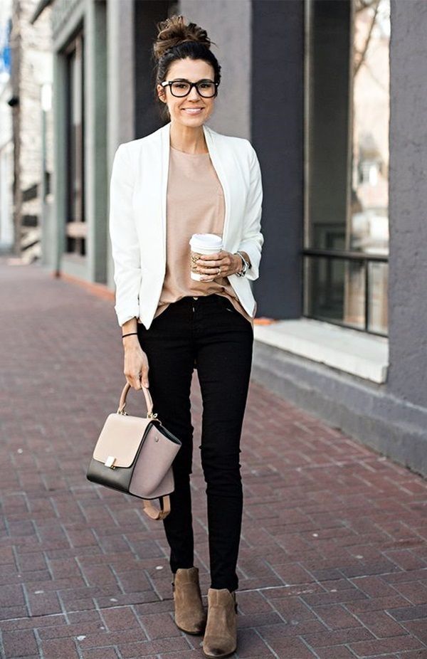 Professional work outfit- white blouse, grey blazer, black pants