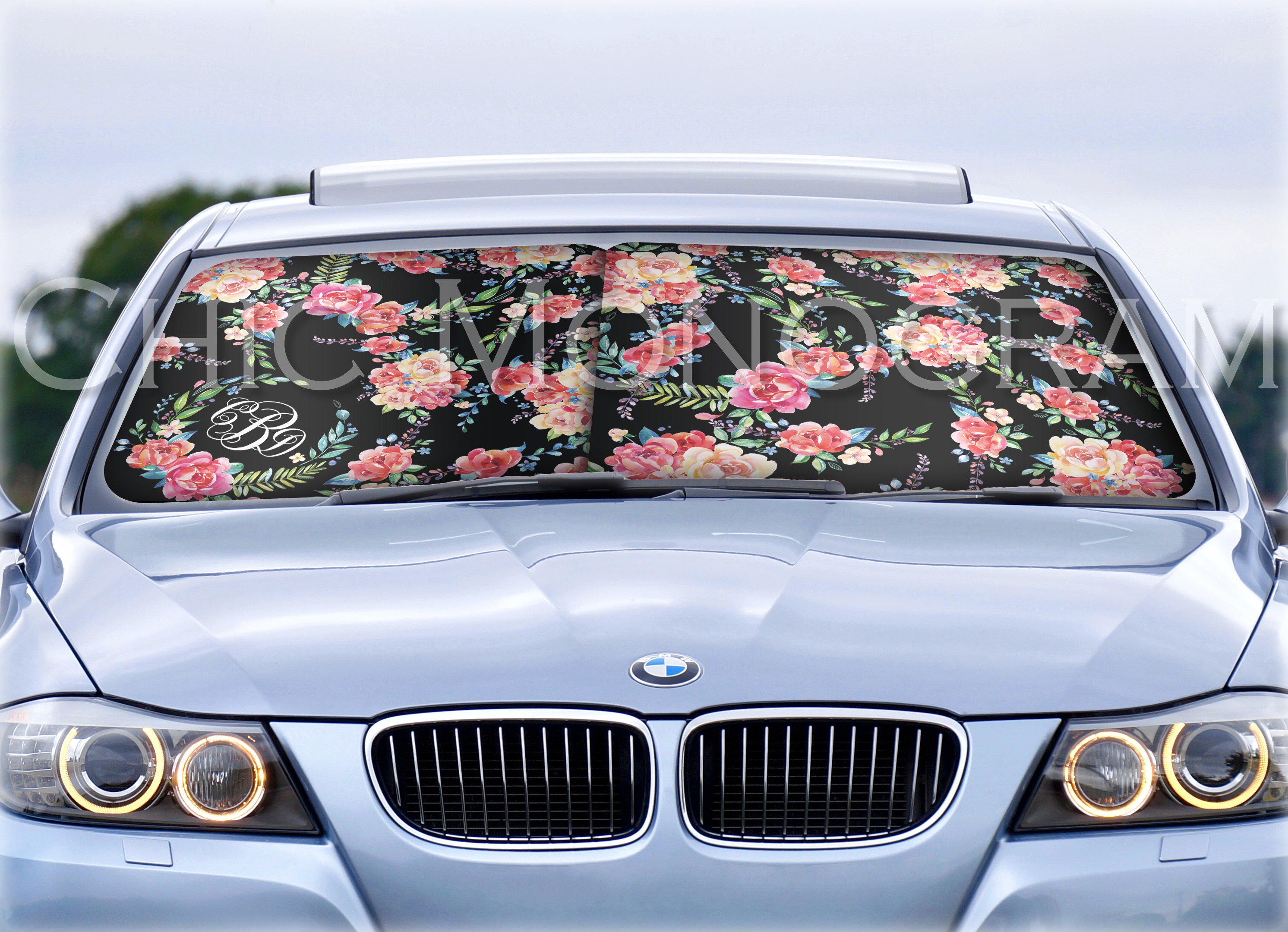 Custom Car Sun Shade Classy Black Floral Monogrammed Sunshades